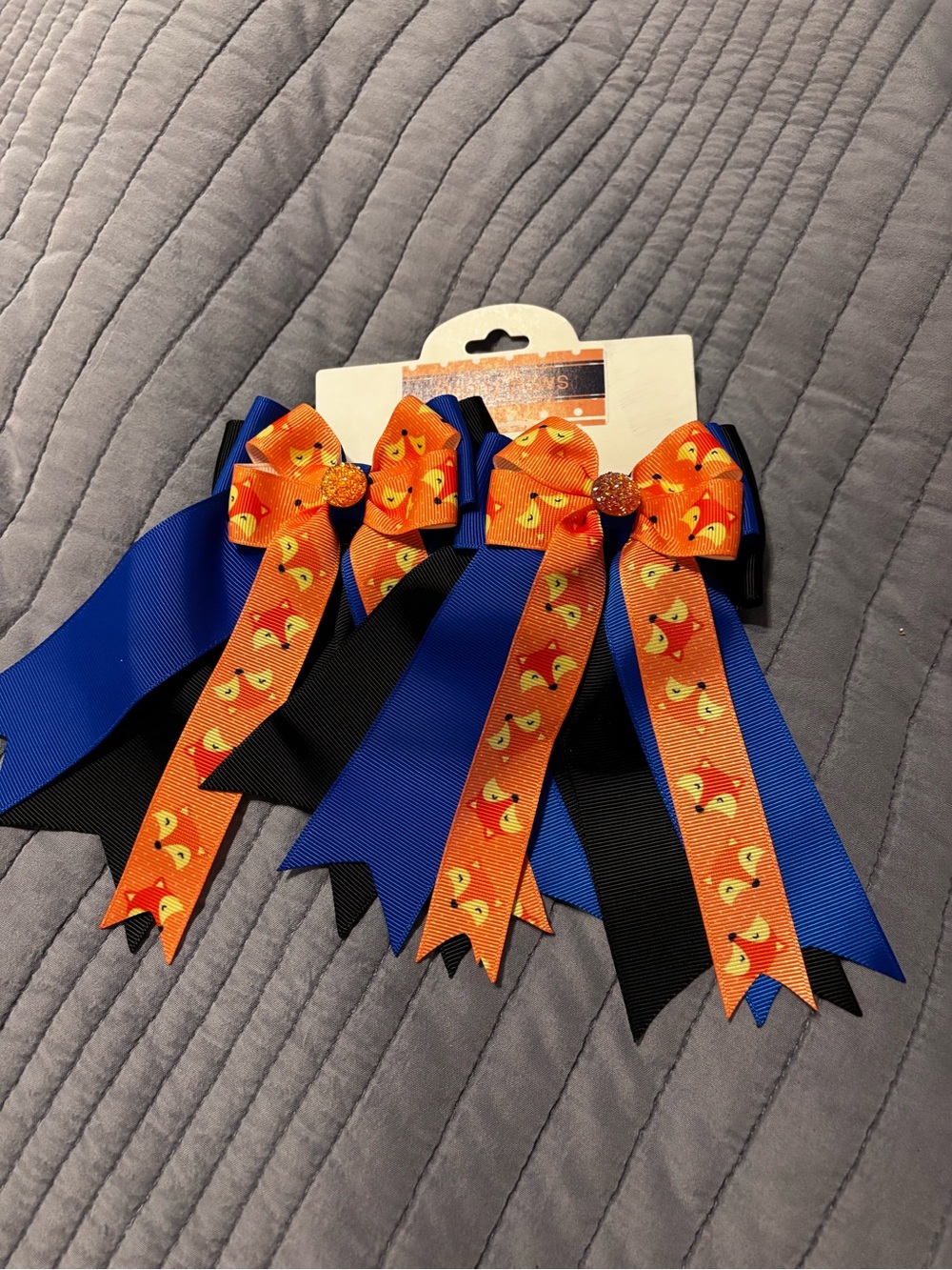 Blue & Orange Fox Ribbon Hair Benny Bows - Pair